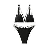 Rhinestone chain cross front backless self tie bikini swimwear